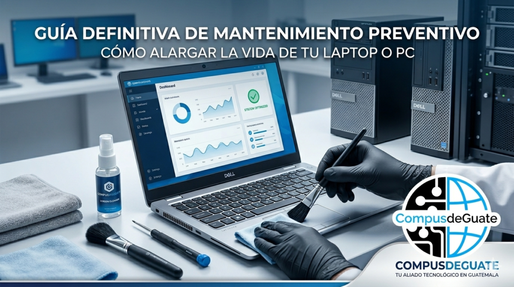 Técnico realizando mantenimiento preventivo a una laptop Dell Latitude en un taller profesional de CompusdeGuate, usando brochas de limpieza y aire comprimido.
