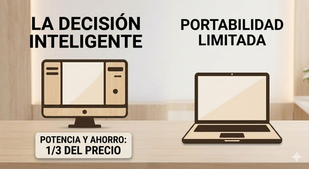 Gráfico comparativo minimalista que muestra una computadora de escritorio empresarial robusta y una laptop en un estilo moderno y plano. Above the desktop computer, the text reads "LA DECISIÓN INTELIGENTE". Below the computer, a badge states "POTENCIA Y AHORRO: 1/3 DEL PRECIO". In contrast, above the laptop, text reads "PORTABILIDAD LIMITADA". The image emphasizes the performance and cost benefits of investing in a desktop computer. The overall graphic uses a warm, professional lighting palette with light wood tones, making it feel part of the same campaign