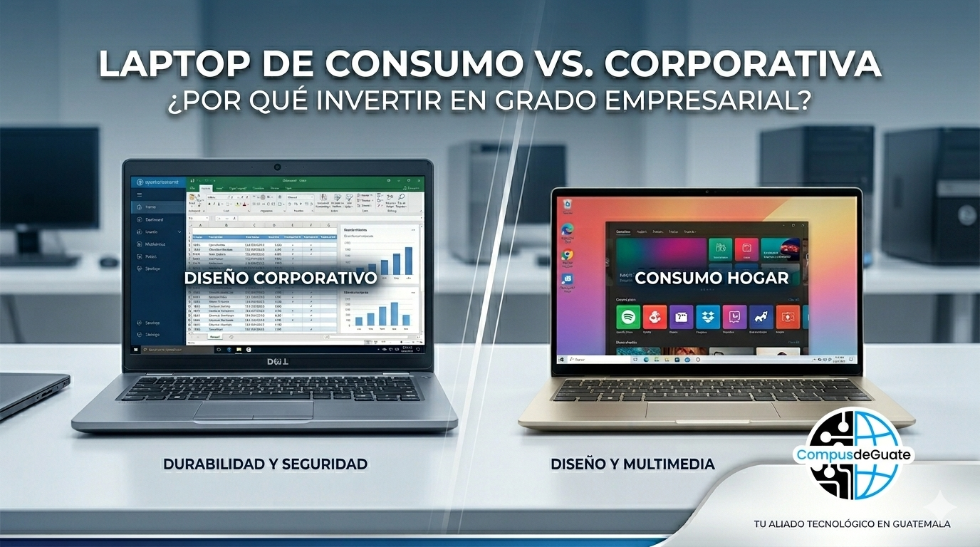 Imagen comparativa que muestra una laptop corporativa Dell Latitude robusta para trabajo vs. una laptop de consumo delgada para hogar, en un entorno de oficina profesional de CompusdeGuate.