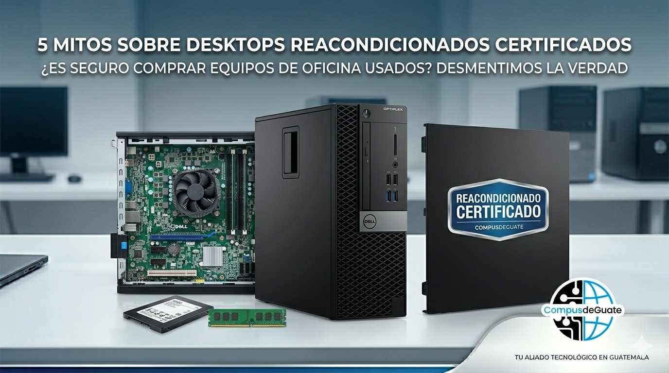 Imagen de una desktop Dell OptiPlex Small Form Factor abierta, mostrando componentes limpios como SSD y RAM, con un sello de "REACONDICIONADO CERTIFICADO" de CompusdeGuate, para uso escolar y empresarial.