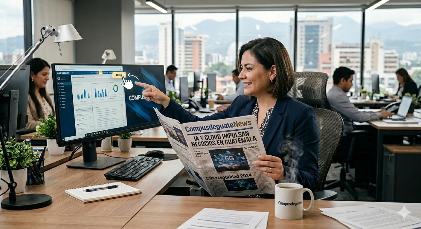 imagen de una dama vestida de ejecutiva leyendo un periódico que indica que el hardware está encareciéndose. Noticias copartidas por Compusdeguate sobre computadoras