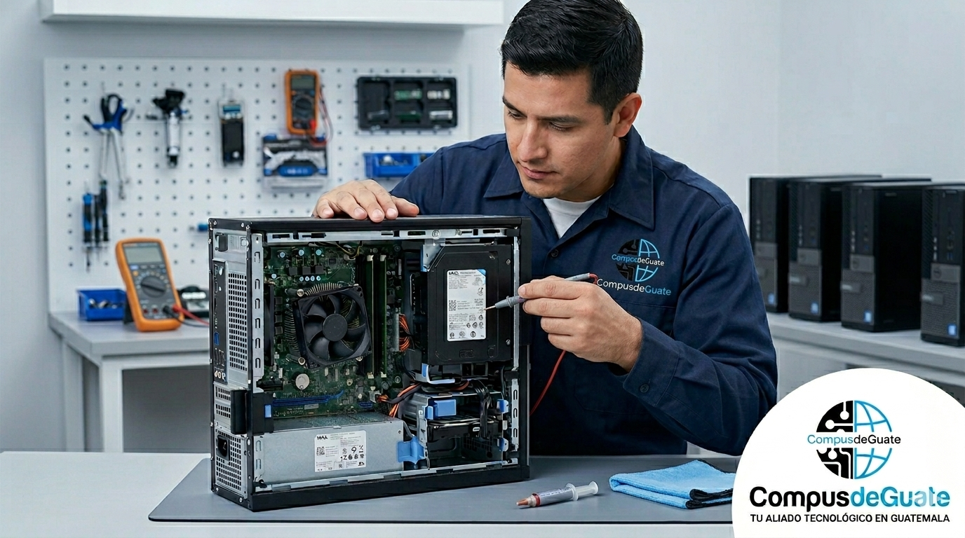Técnico de CompusdeGuate con uniforme oficial realizando pruebas de voltaje y aplicación de pasta térmica en una desktop Dell OptiPlex corporativa abierta, rodeado de herramientas de precisión y multímetros.