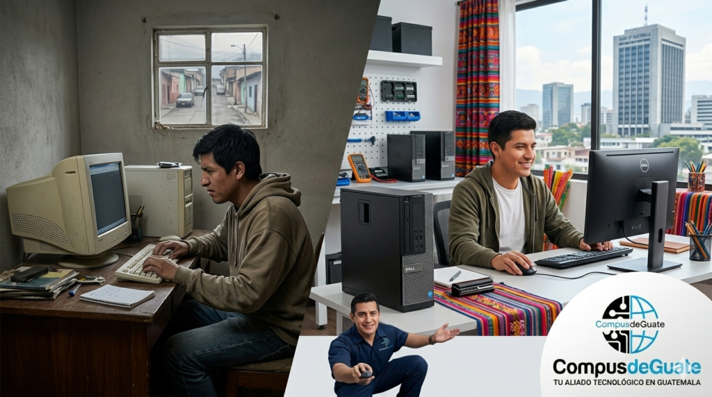 Imagen comparativa que muestra a un joven guatemalteco pasando de usar una computadora antigua y lenta a una potente Desktop Dell corporativa de CompusdeGuate, simbolizando el éxito y la productividad